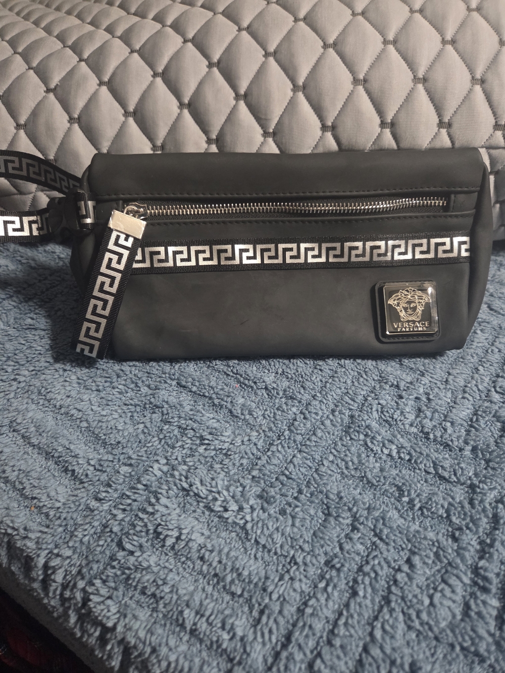 Versace Black Logo-Trim Belt Bag with Silver Medallion